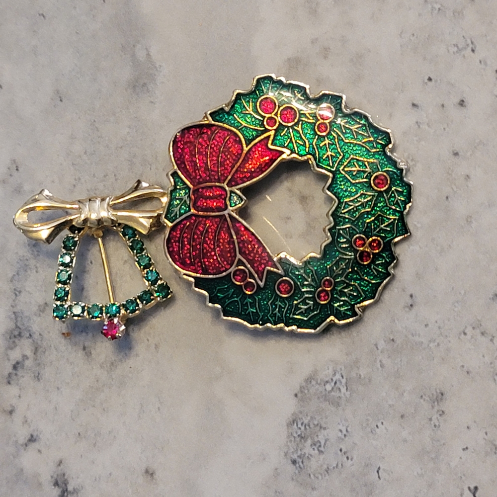 Vintage Christmas Wreath and Bell Brooch Set